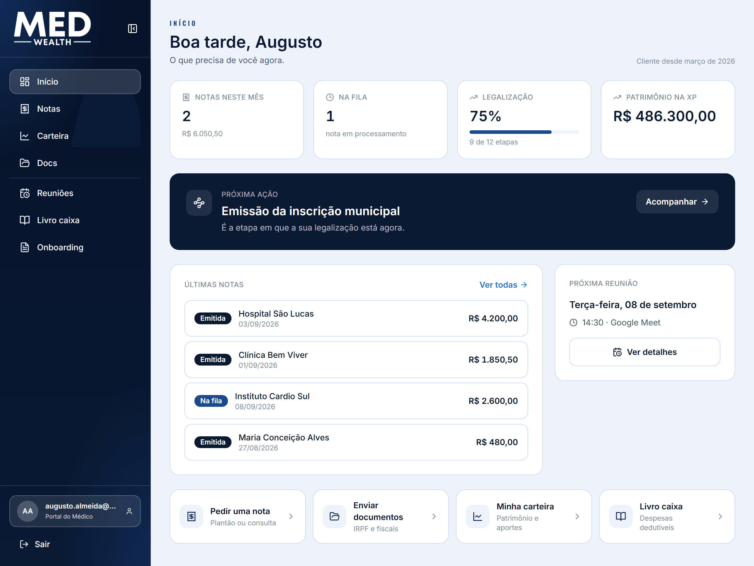 Painel do portal do cliente MedWealth: números do mês, próxima ação em destaque, últimas notas fiscais com status, próxima reunião e atalhos.